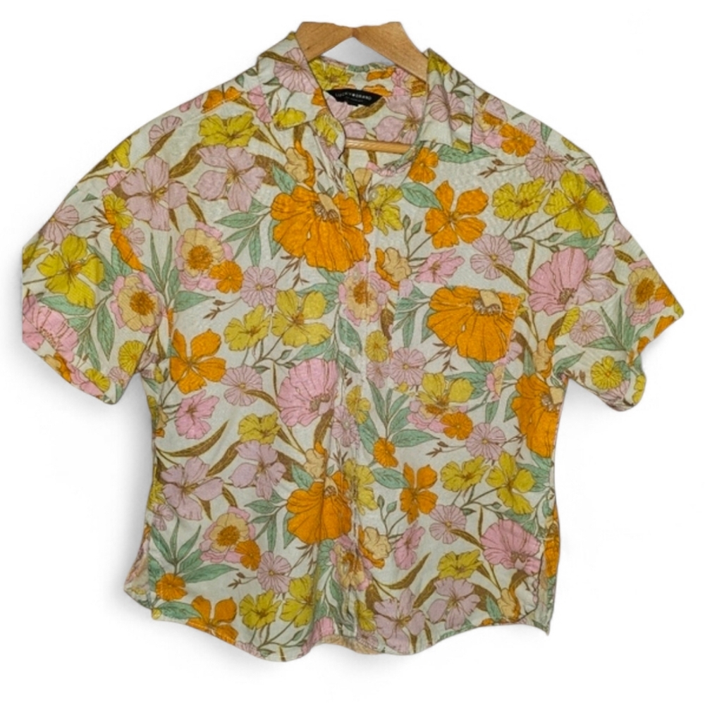 LUCKY BRAND Floral Short Sleeve Linen Blend Button Down Shirt - Small